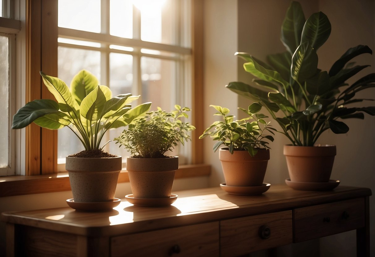 A sunlit room with potted plants, natural wood furniture, and earthy tones. Sunlight streams through the windows, casting a warm and inviting glow