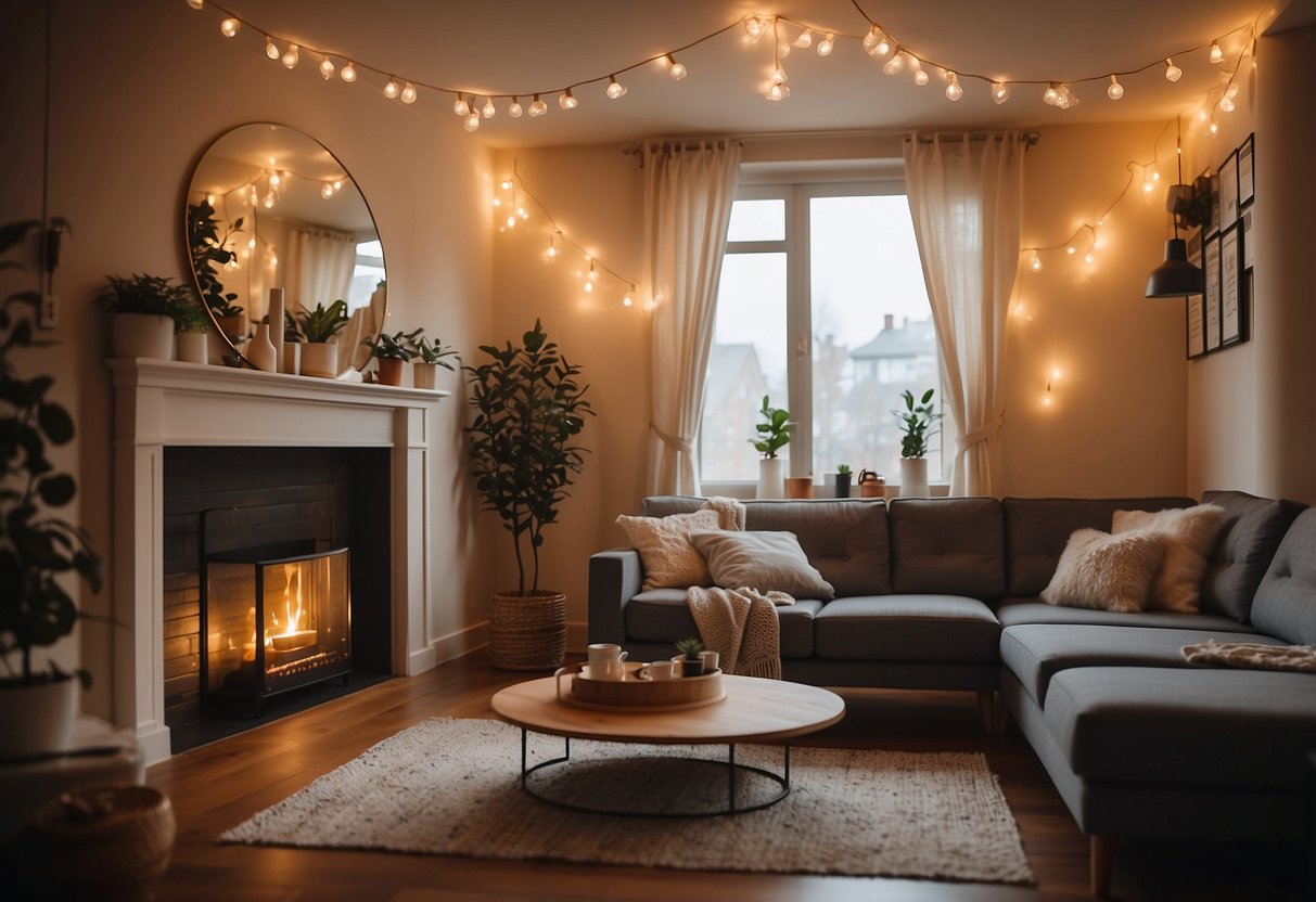 A cozy living room with warm string lights hanging from the ceiling, casting a soft glow over comfortable seating and stylish decor