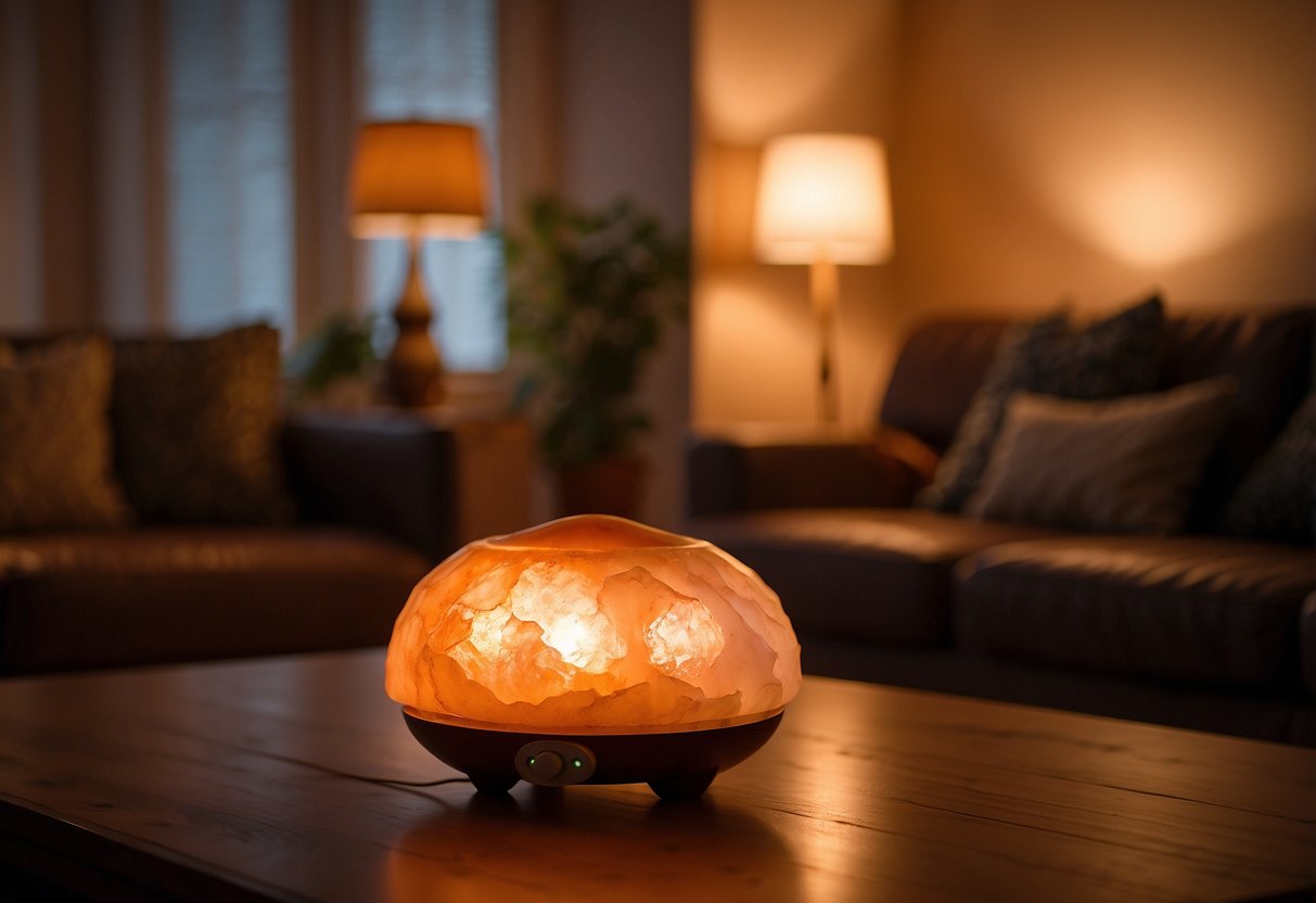 A Himalayan salt lamp emits a warm glow in a cozy living room, surrounded by soft, ambient lighting