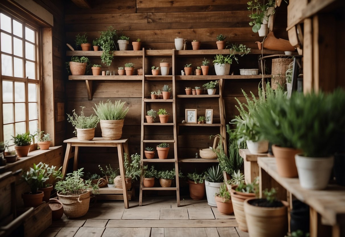 A rustic farmhouse with distressed wood accents, vintage signage, and cozy textiles. A ladder shelf displays antique knick-knacks and potted plants