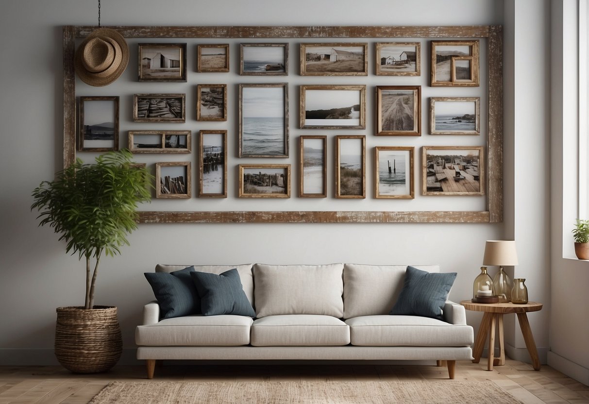 Distressed wood picture frames hang on a whitewashed wall, adding rustic charm to a cozy living room