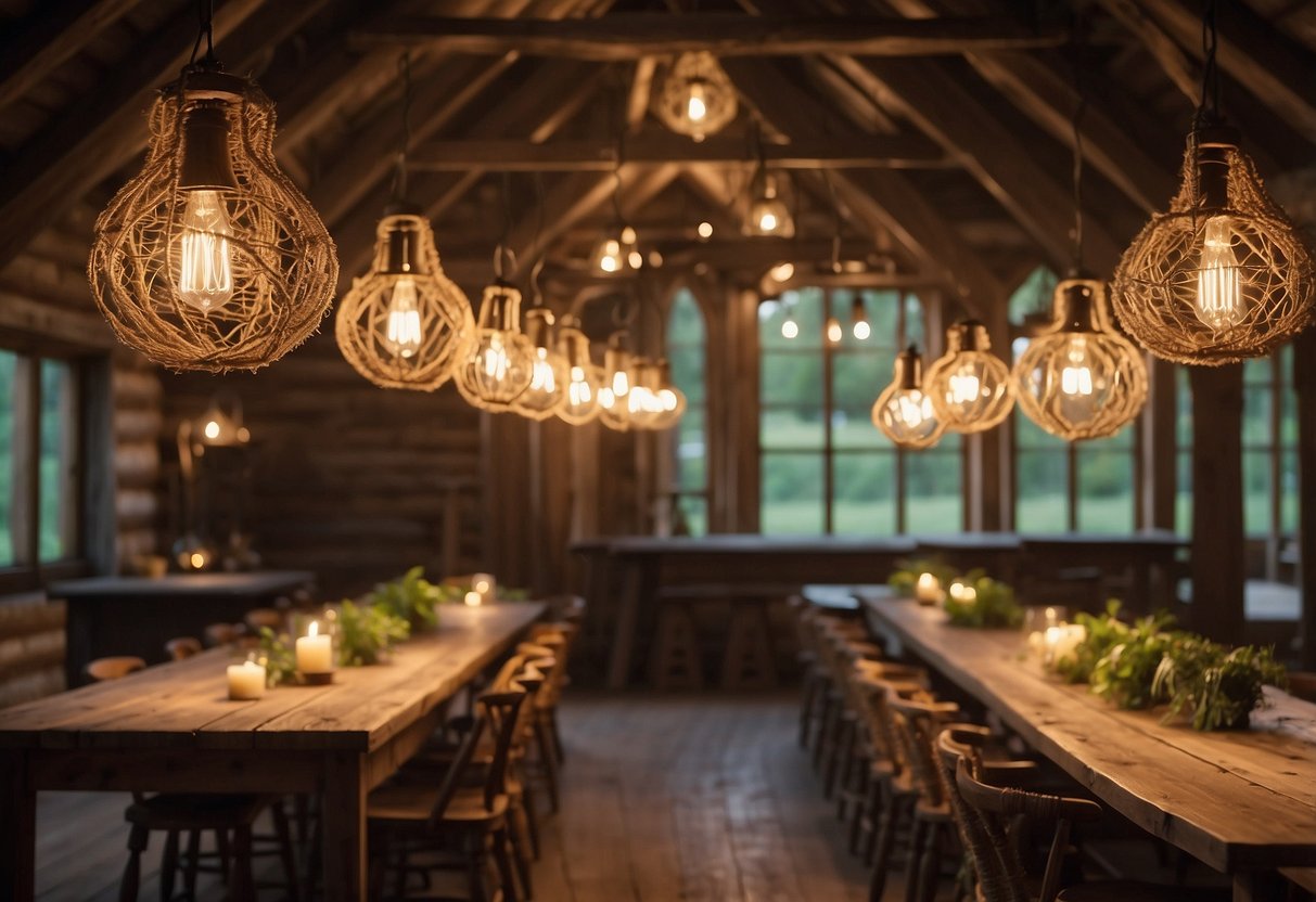 Rustic twine chandeliers hang from exposed beams in a cozy, weathered farmhouse interior