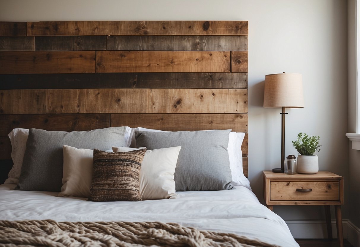 A rustic reclaimed wood headboard stands against a whitewashed wall, adding warmth and character to a cozy bedroom in a fixer upper home