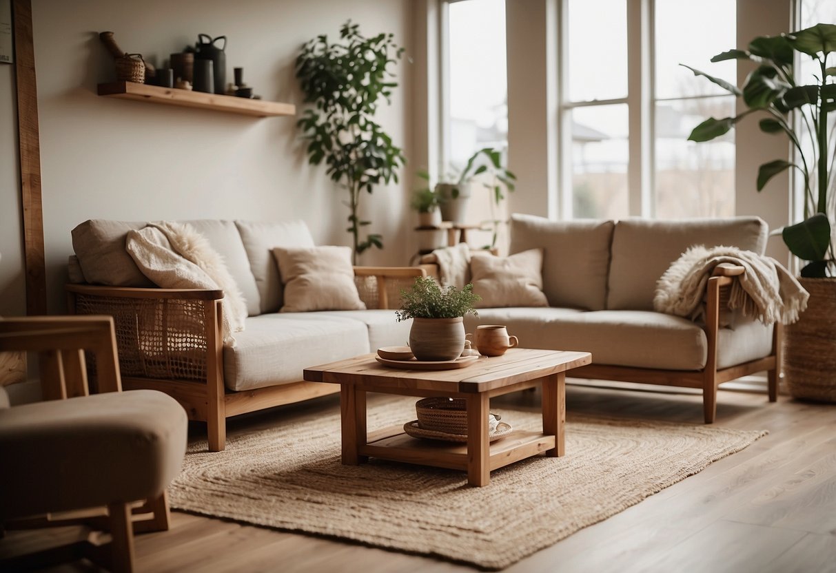 A cozy living room with neutral woven rugs, complemented by rustic wooden furniture and soft, earthy tones