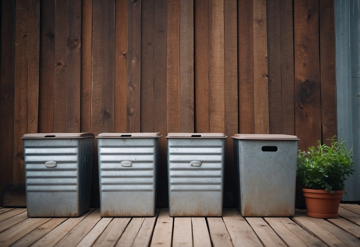 A row of galvanized metal storage bins lined up against a weathered wooden wall, adding a rustic touch to a Fixer Upper home decor