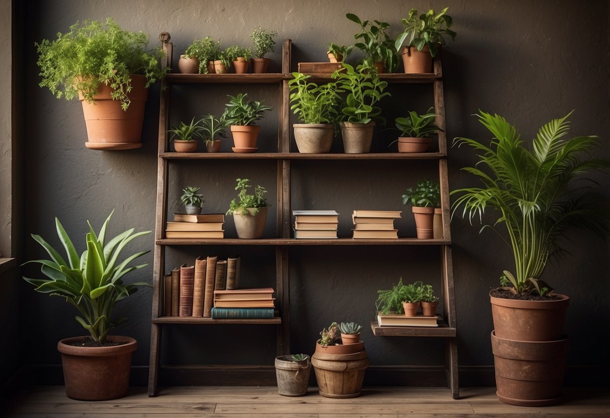 An antique ladder bookcase stands against a rustic wall, adorned with vintage books and potted plants. A cozy, fixer-upper home decor idea