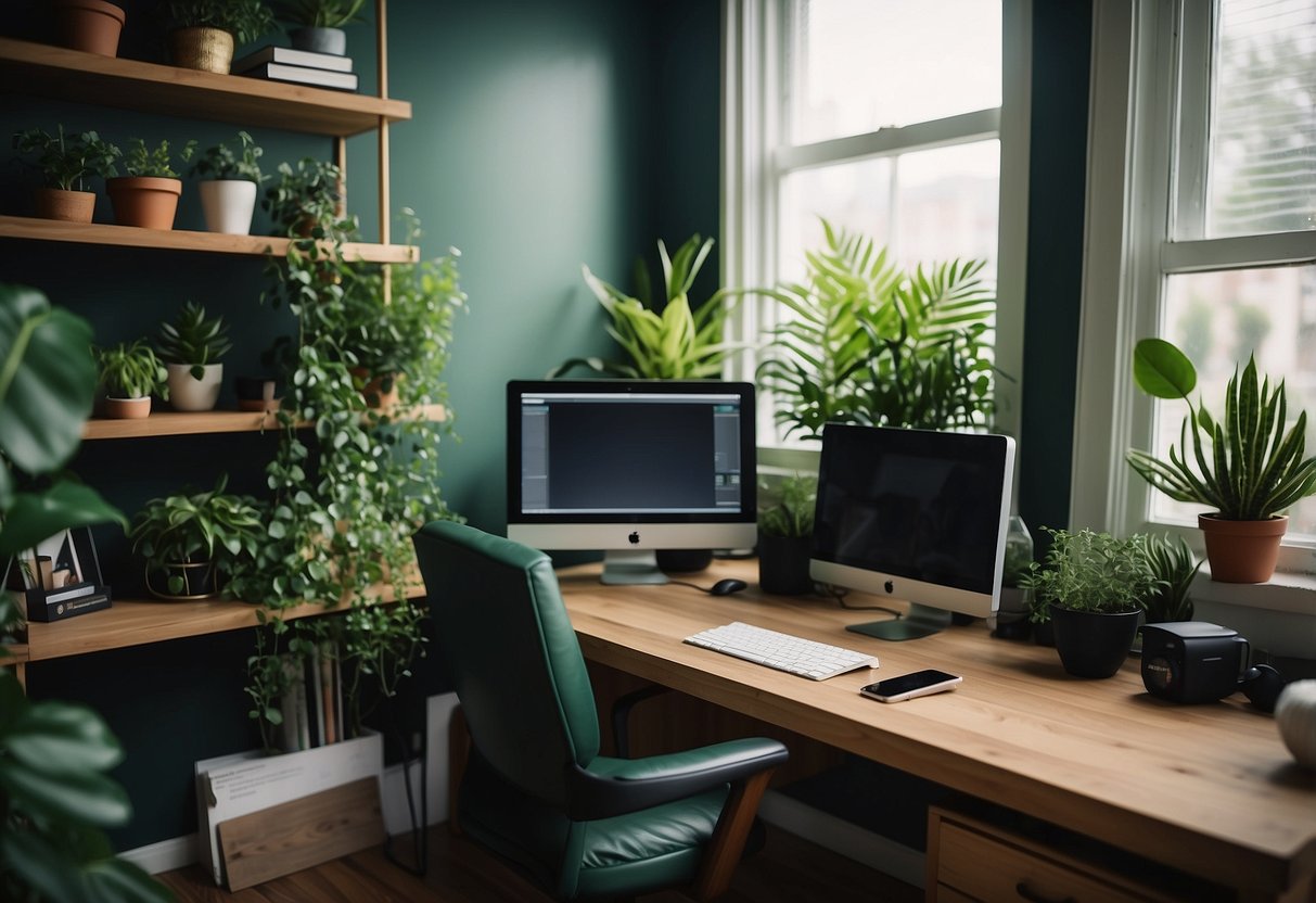 A green home office with plants, natural light, and a cozy desk setup