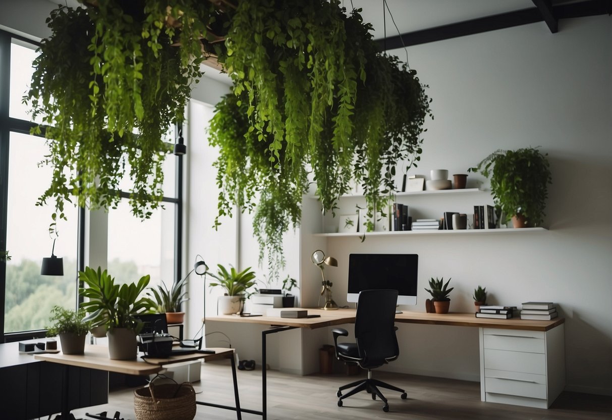 Lush green plants hang from ceiling in a modern home office, creating a serene and natural atmosphere