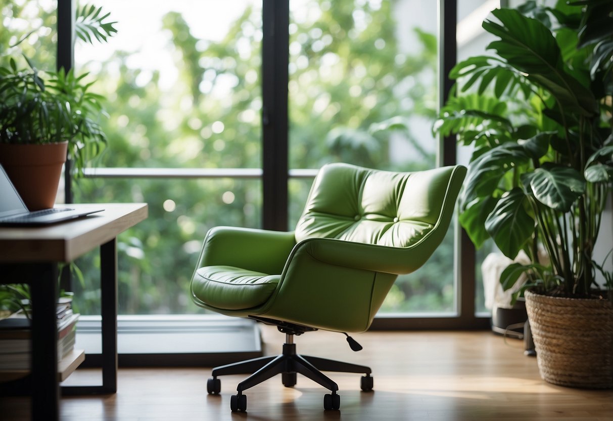 A green ergonomic chair sits in a bright home office, surrounded by green plants and natural light