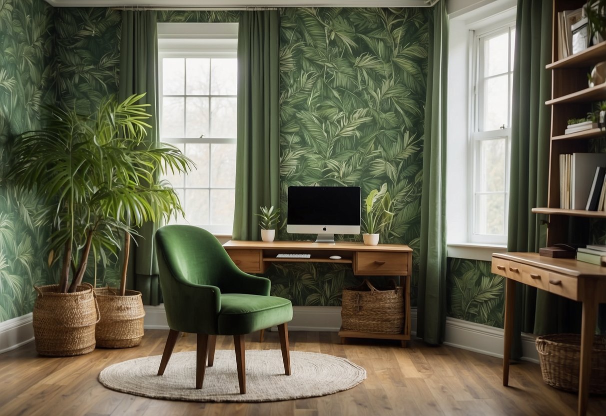 A cozy home office with leaf-patterned wallpaper in shades of green, featuring a desk, chair, and bookshelf