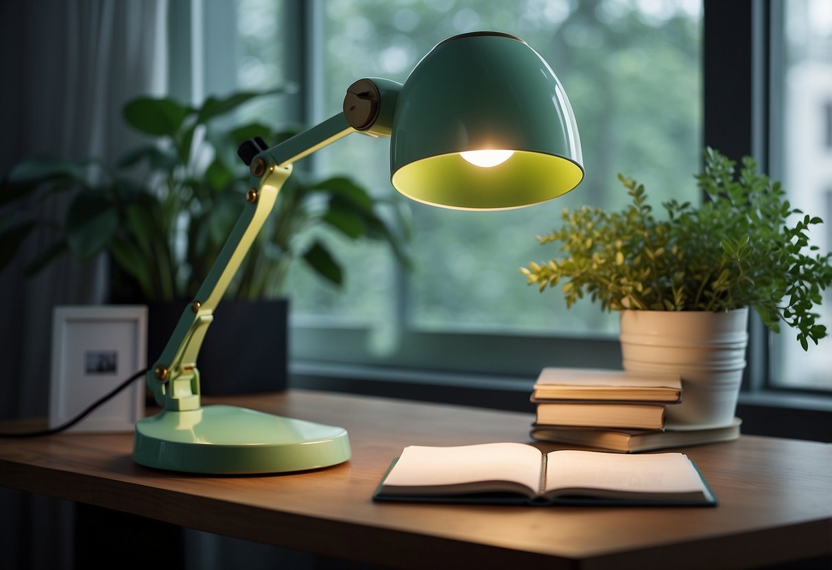 A mint green desk lamp illuminates a cozy home office space with green accents