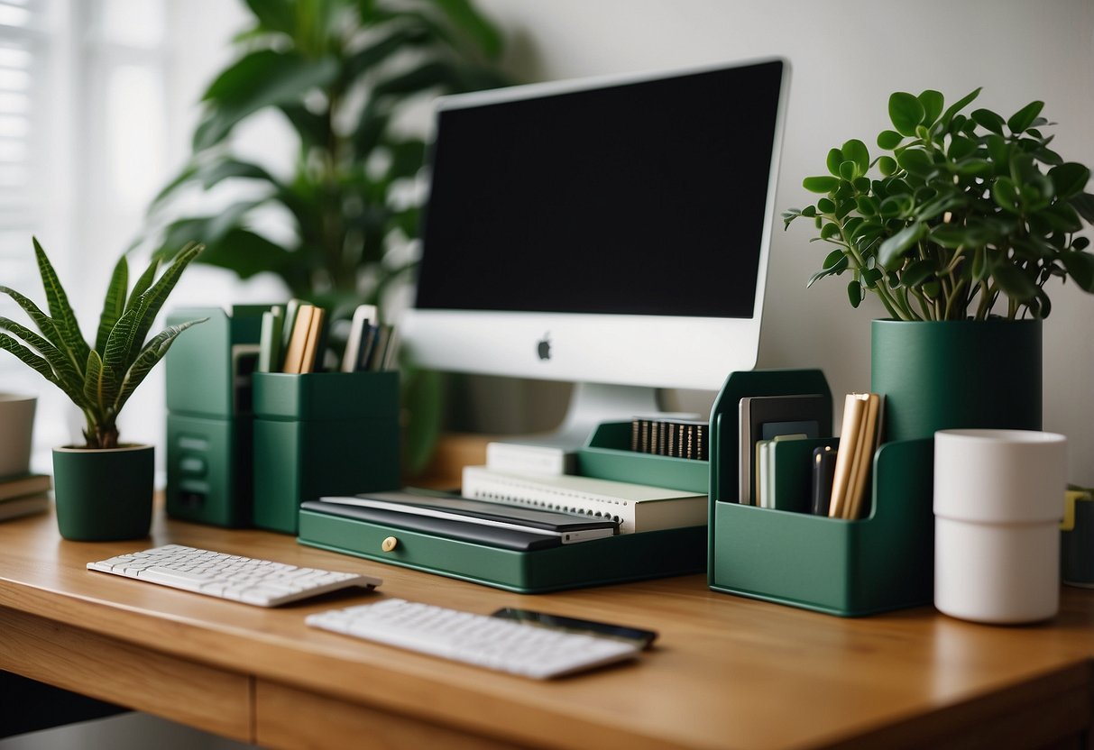 A forest green desk organizer sits on a wooden desk, surrounded by green office supplies and plants, creating a tranquil and organized home office space