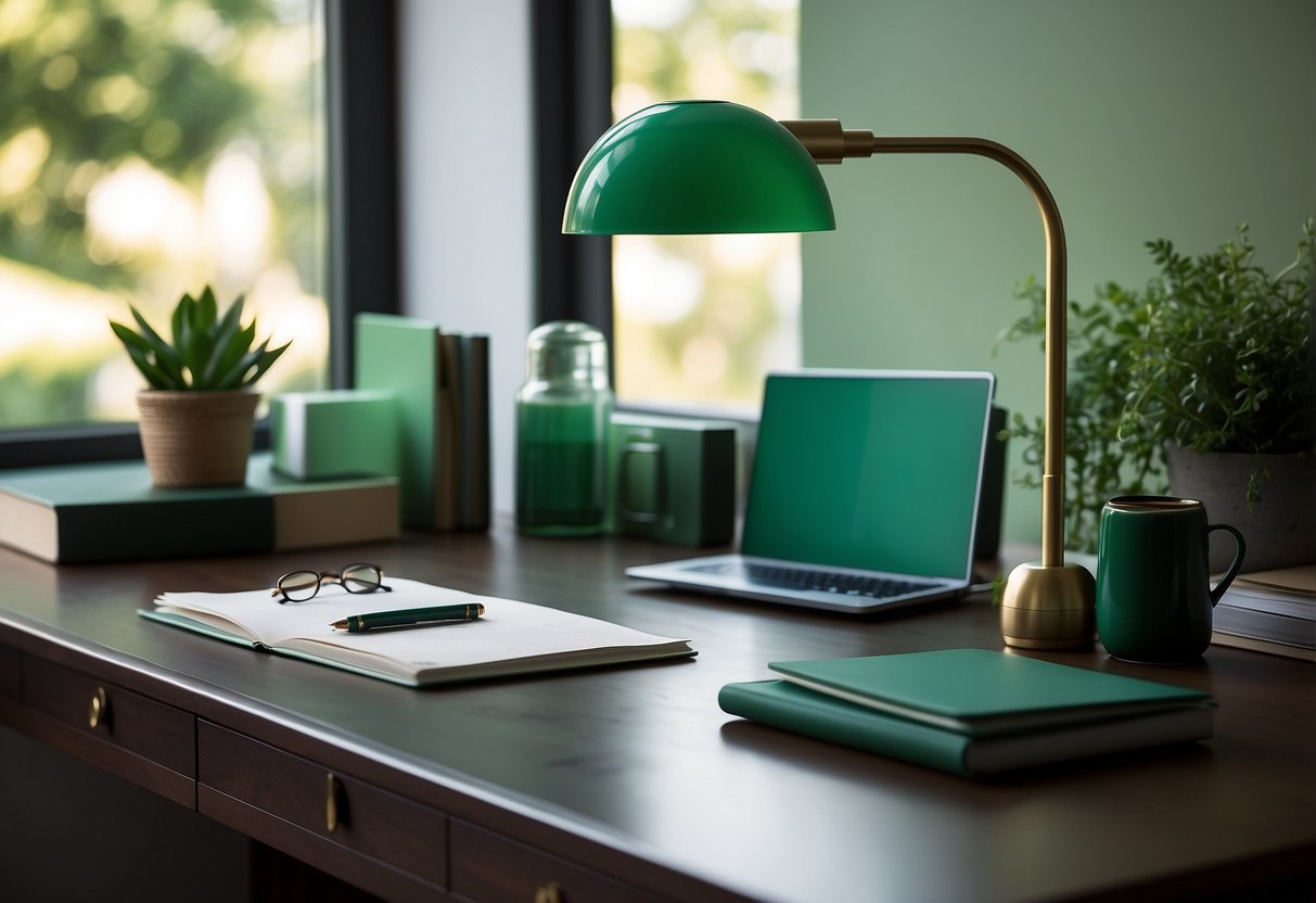 A jade desk with matching accessories in various shades of green, including a lamp, pen holder, and file organizer, creating a cohesive and calming home office space