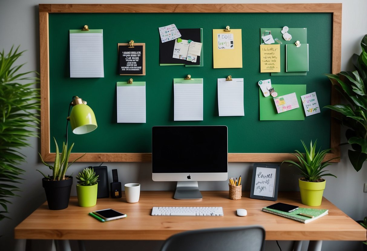 A green cork board hangs on the wall, adorned with colorful notes, photos, and inspirational quotes. A desk with green accents sits below, surrounded by potted plants and green office supplies