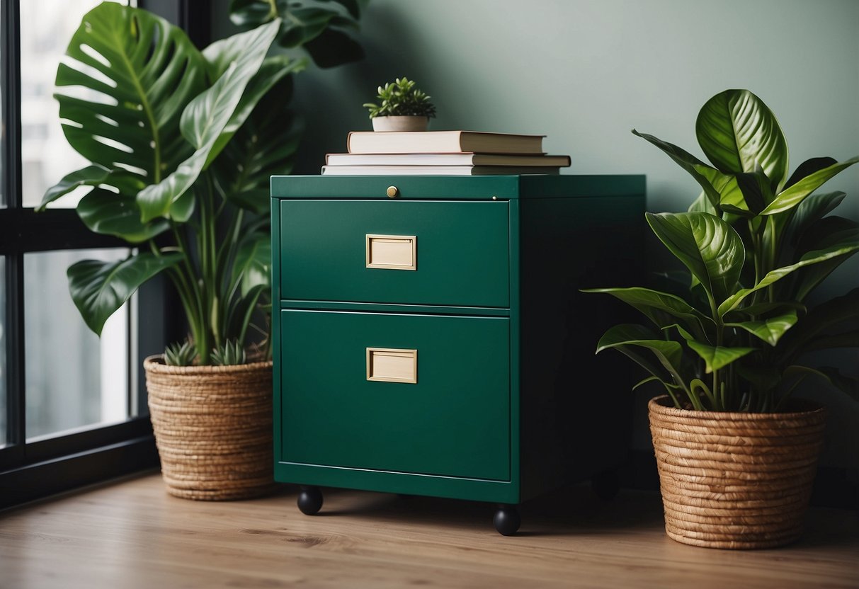 An emerald green filing cabinet sits in a home office, surrounded by green decor and plants