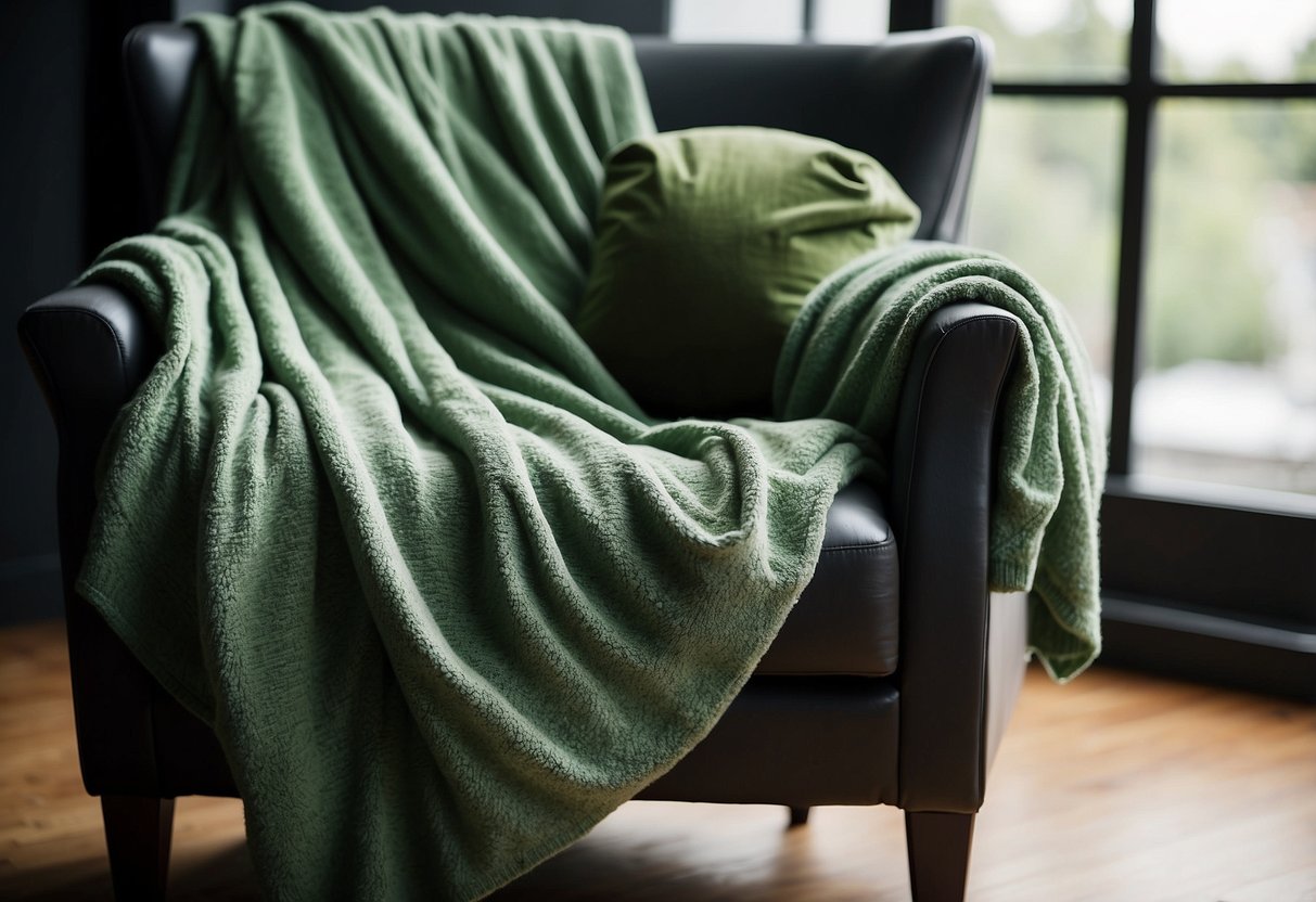 A cozy sage green throw blanket draped over a chair in a serene home office with green decor accents