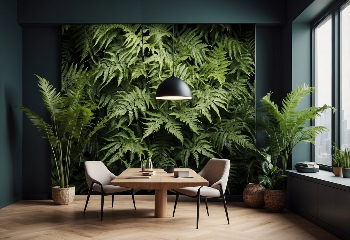 A lush green fern print adorns the wall of a modern home office, bringing a touch of nature to the space