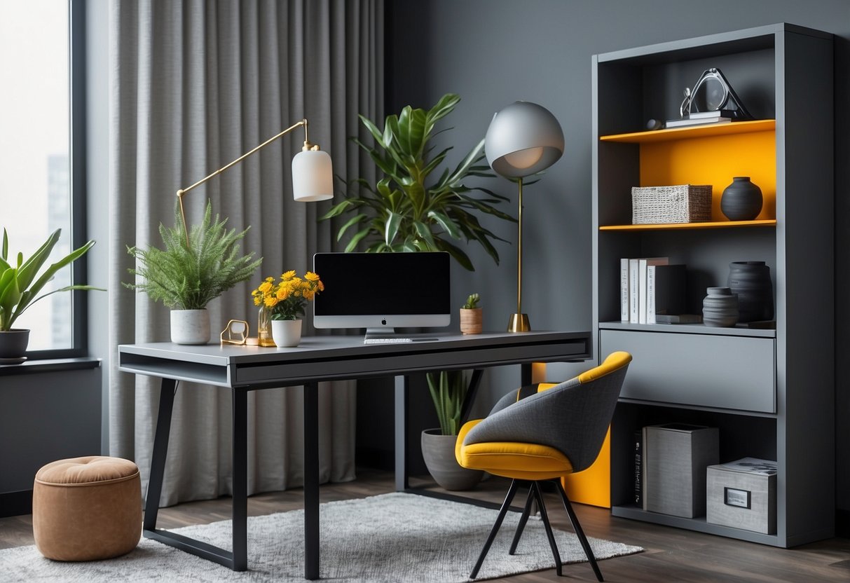 A sleek grey desk with a modern chair, accented by a pop of color in the form of a vibrant plant or artwork. Shelves and storage in matching shades of grey complete the minimalist home office