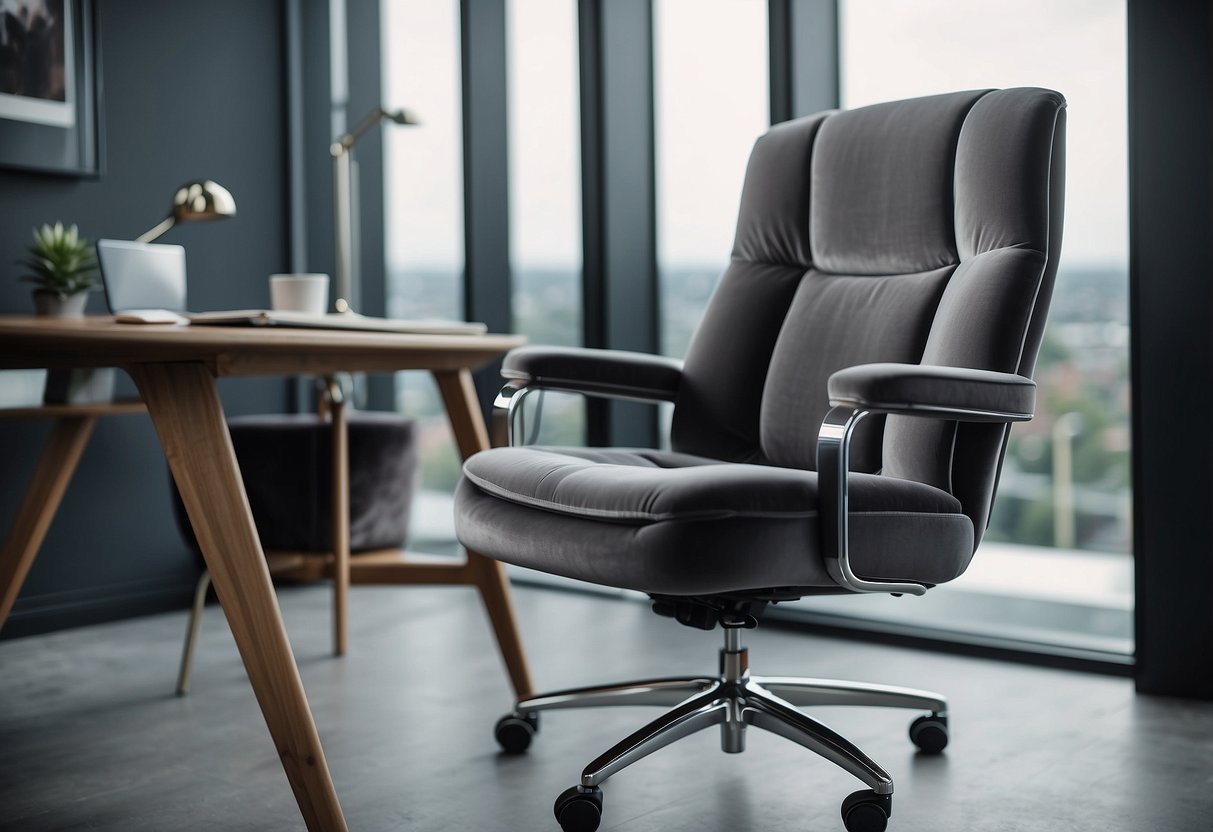 A grey velvet office chair sits in a sleek home office, surrounded by grey decor and modern furnishings