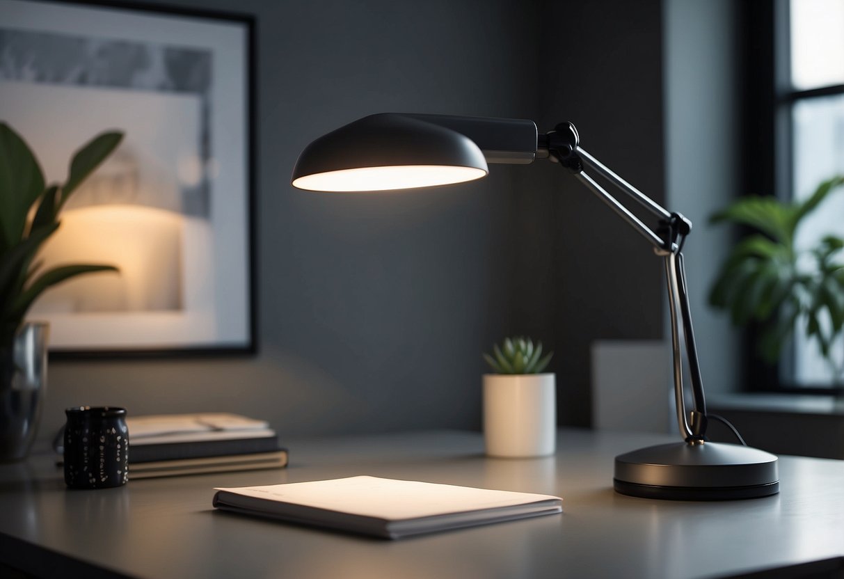 A charcoal grey desk lamp illuminates a sleek home office with grey decor