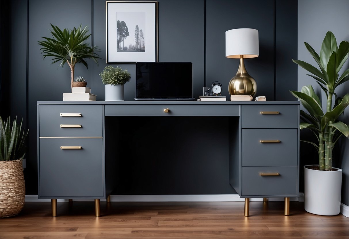 A slate grey filing cabinet stands in a modern home office, surrounded by grey decor and sleek furniture