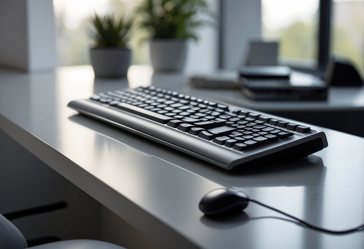 A sleek silver grey keyboard sits on a modern grey desk in a minimalist home office