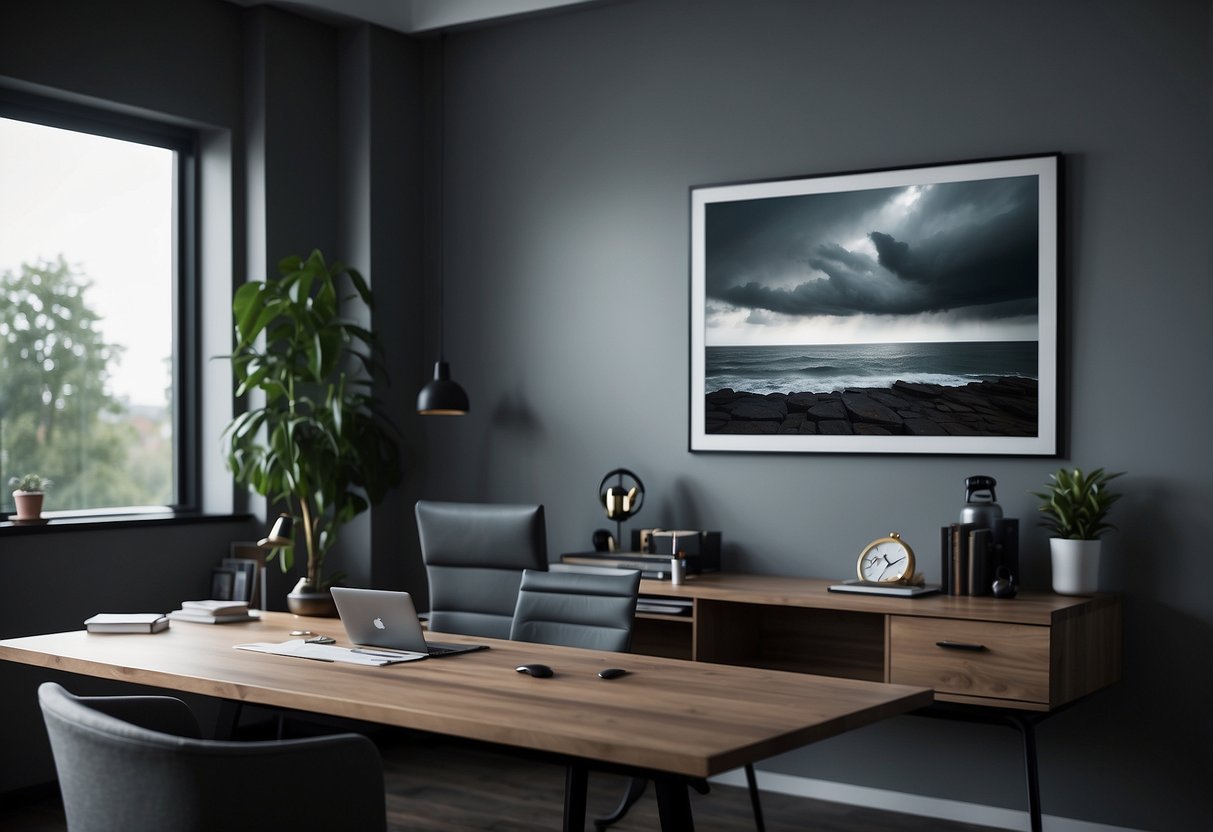 A stormy grey wall art hangs in a home office, creating a moody and sophisticated atmosphere