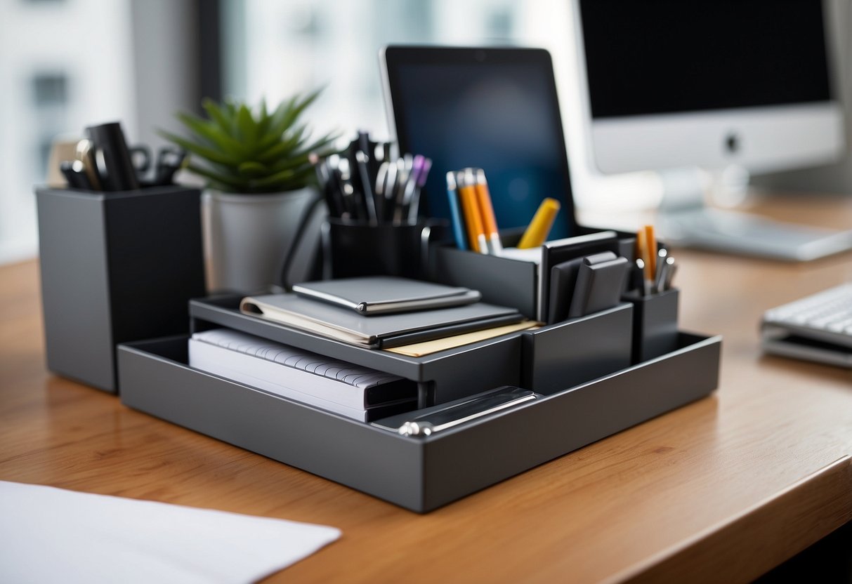 A graphite grey desk organizer sits on a sleek desk, neatly holding pens, paper, and other office supplies