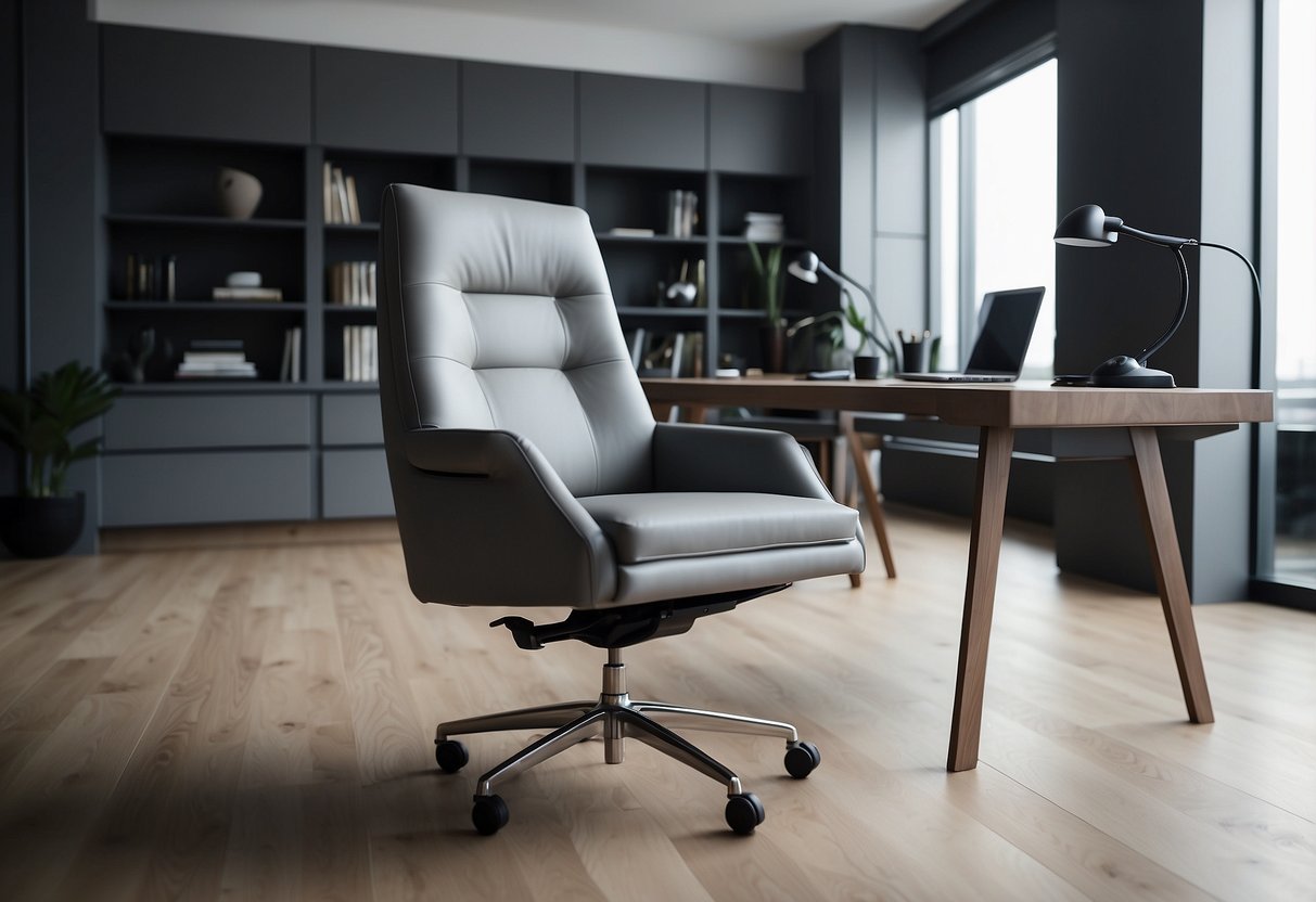 A sleek, smokey grey ergonomic chair sits in a modern home office, surrounded by grey decor and design elements