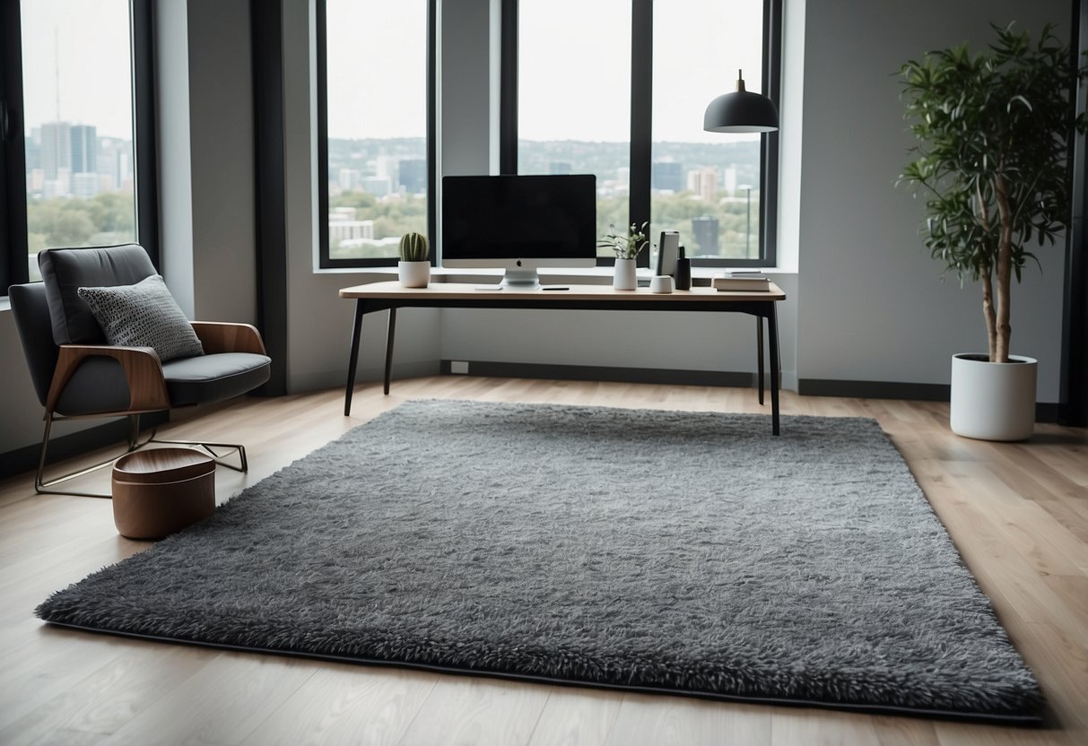 A granite grey area rug sits in a modern home office, complementing the grey color scheme