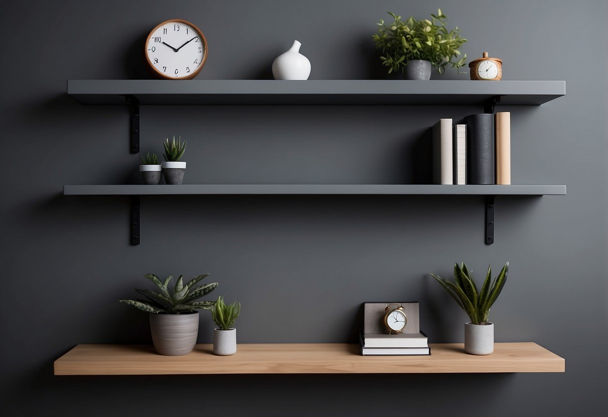 A sleek ash grey shelving unit against a grey wall, adorned with office supplies and decorative accents