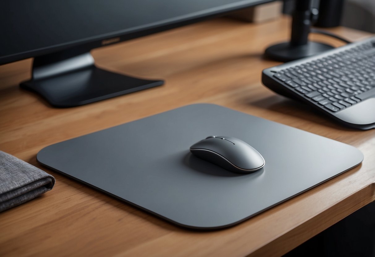 A sleek pewter grey mouse pad sits on a modern desk in a home office, surrounded by grey decor and accessories