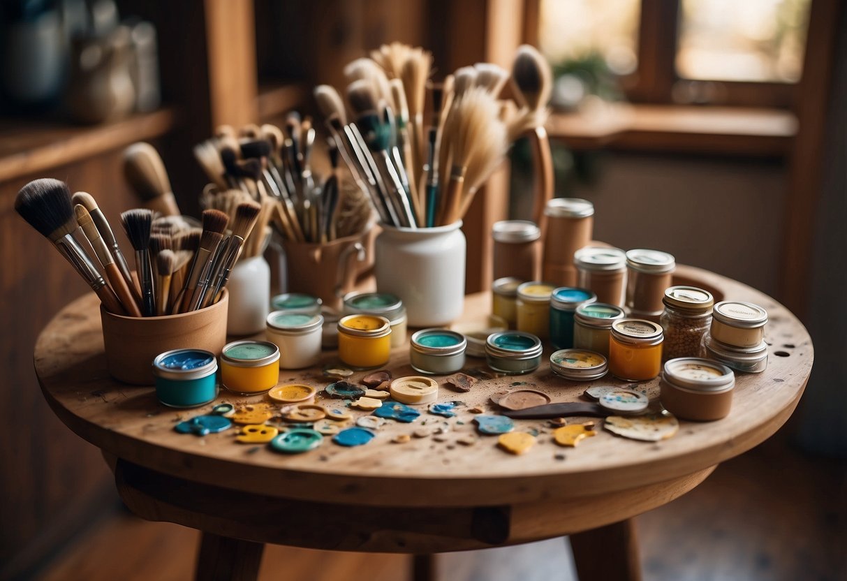 A table with various craft supplies, including paint, brushes, and wood cutouts. Finished DIY home decor pieces displayed on a wall