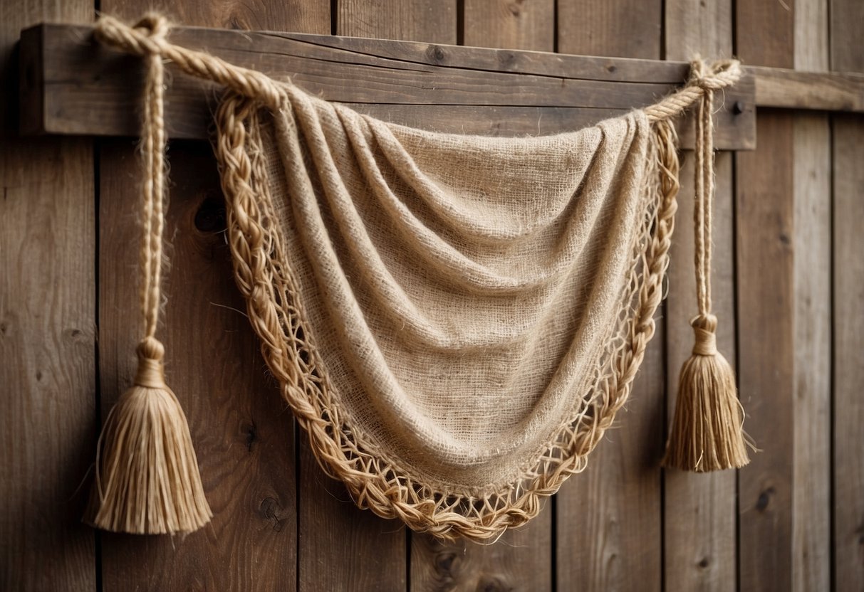 A farmhouse-style wall hanging featuring rustic wood, burlap, and twine. A simple, handcrafted design with a cozy, country charm