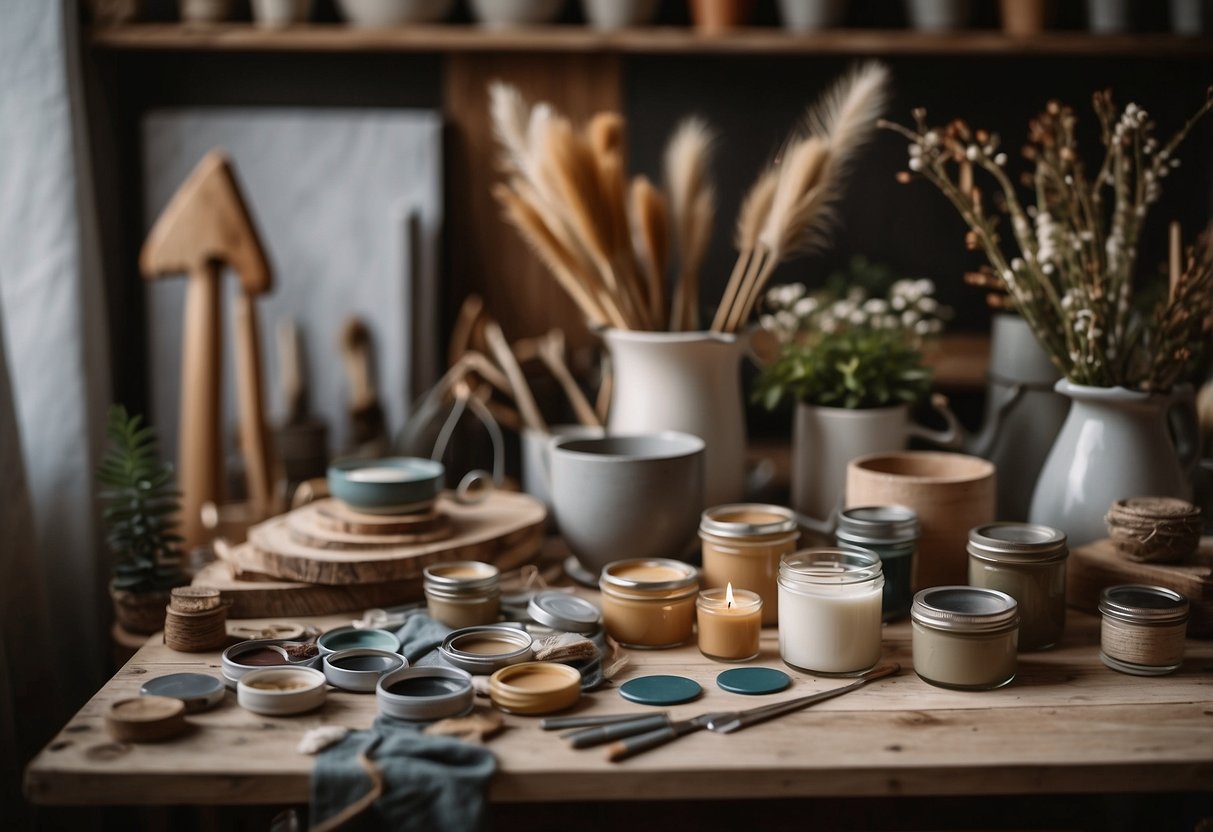 A table with various crafting materials like paint, brushes, wood, and fabric. A mood board with DIY home decor ideas pinned on the wall