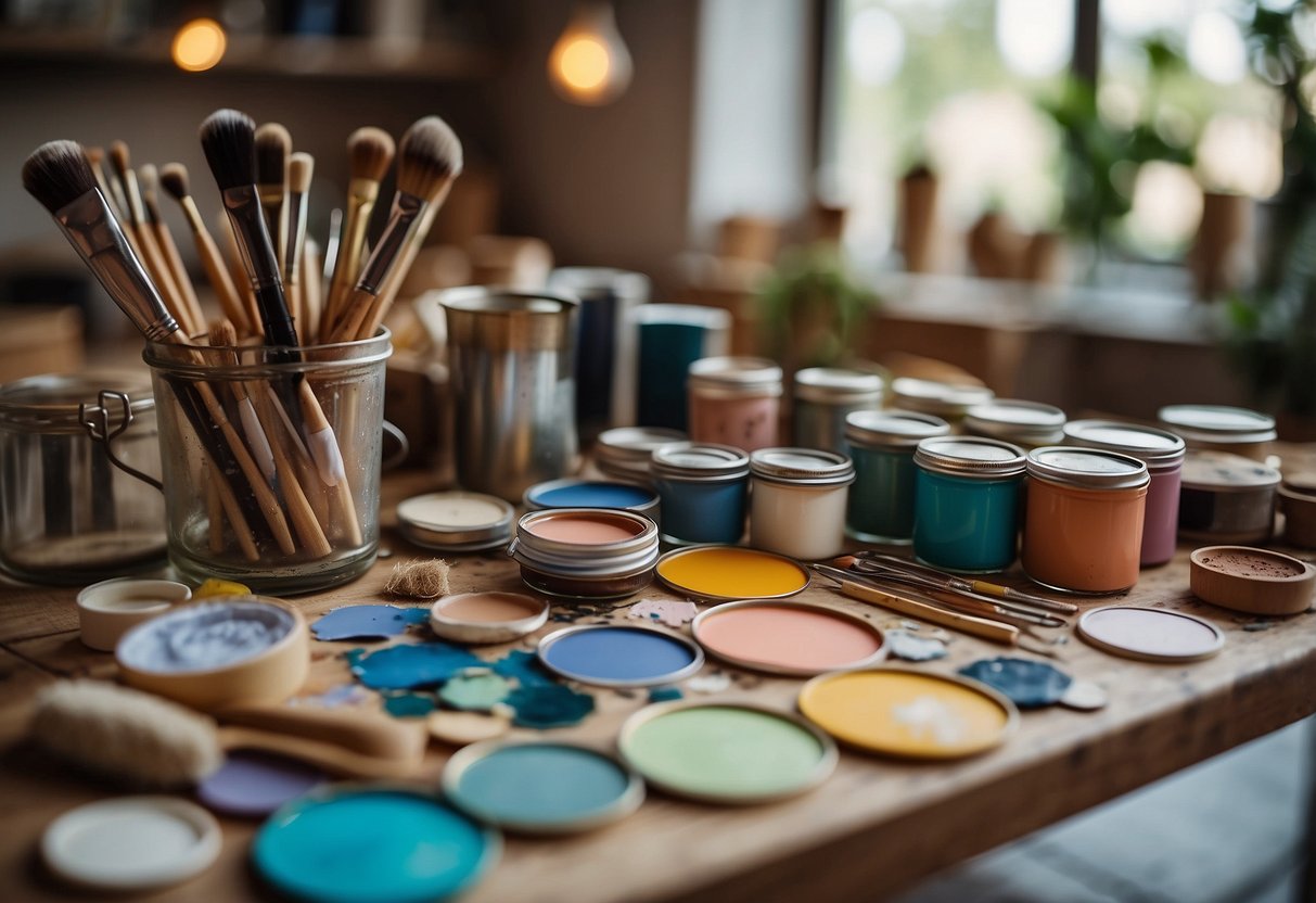 A table with assorted crafting supplies, including paint, brushes, and decorative paper. Finished DIY home decor gifts displayed nearby