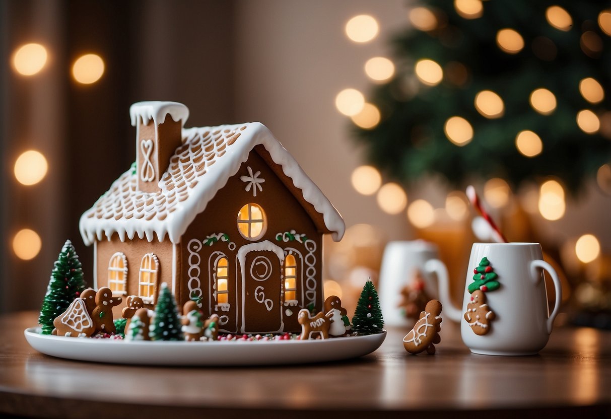 A cozy living room with gingerbread house decorations on the mantel, a gingerbread village centerpiece on the coffee table, and a gingerbread wreath on the front door