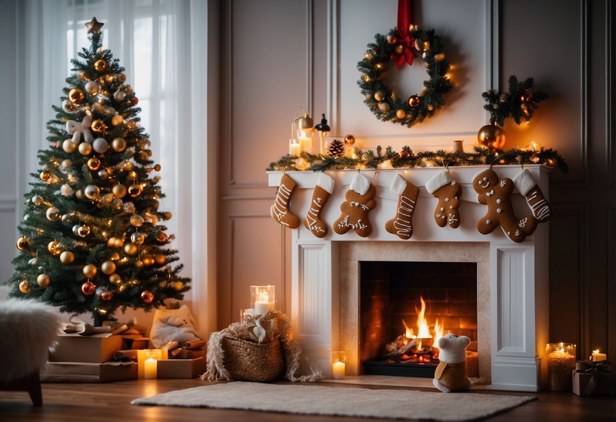 A cozy living room with gingerbread man string lights hung around a fireplace, adding a warm and festive touch to the holiday decor