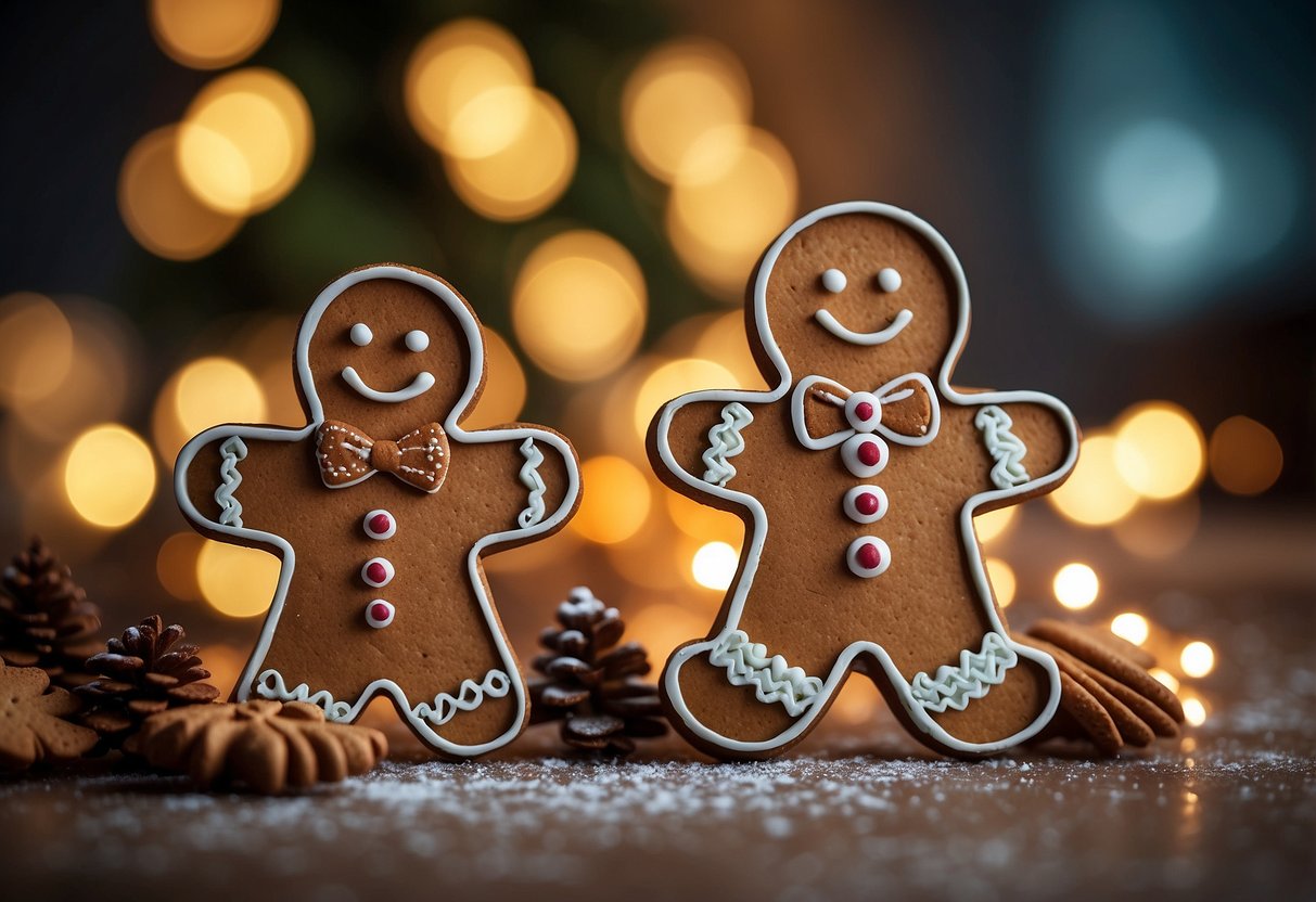 Gingerbread cookie cutters arranged with festive decor and holiday accents