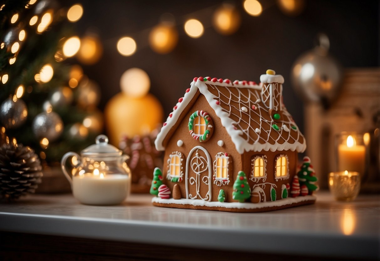 A cozy kitchen with a gingerbread house cookie jar on the counter, surrounded by festive holiday decor and warm, inviting lighting