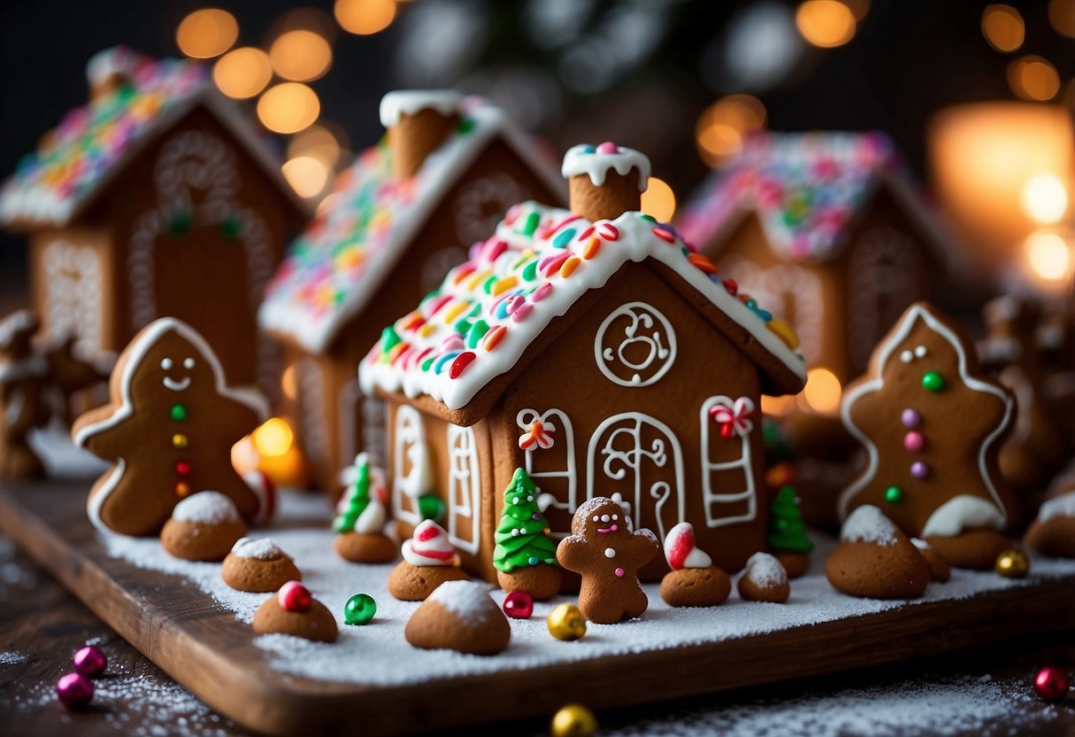 A cozy kitchen table adorned with homemade gingerbread decorations, including a gingerbread house, snowflakes, and festive shapes, surrounded by colorful icing and sprinkles