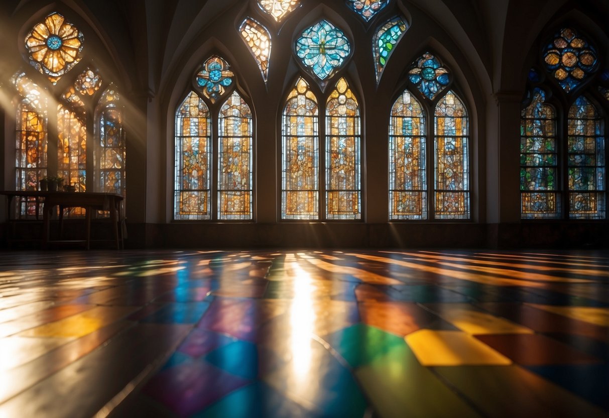 A sunlit room with colorful stained glass windows casting vibrant patterns on the walls and floor, creating a warm and inviting atmosphere for home decor