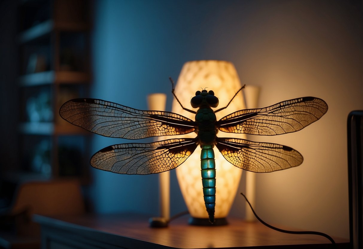 A colorful dragonfly lamp illuminates a cozy living room, casting intricate patterns of light and shadow onto the walls