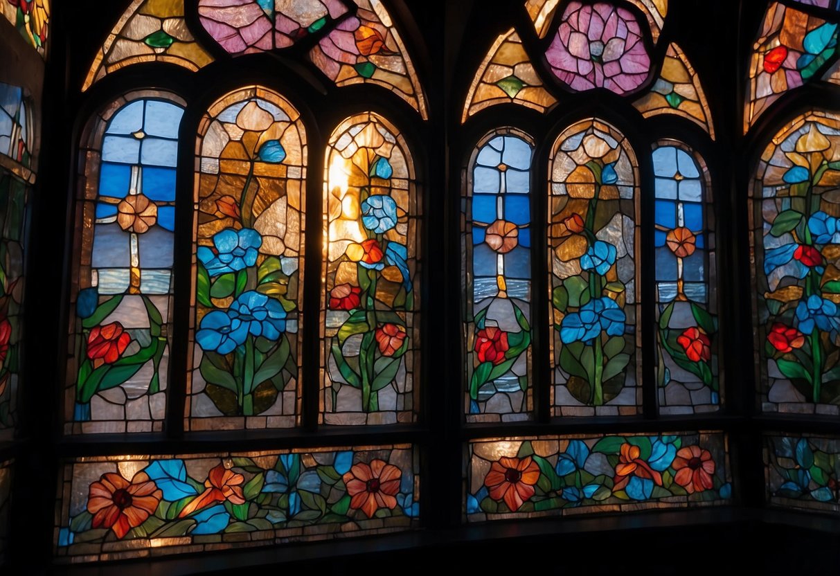 A vibrant floral stained glass window with intricate details and bold colors, casting beautiful patterns of light onto the surrounding space