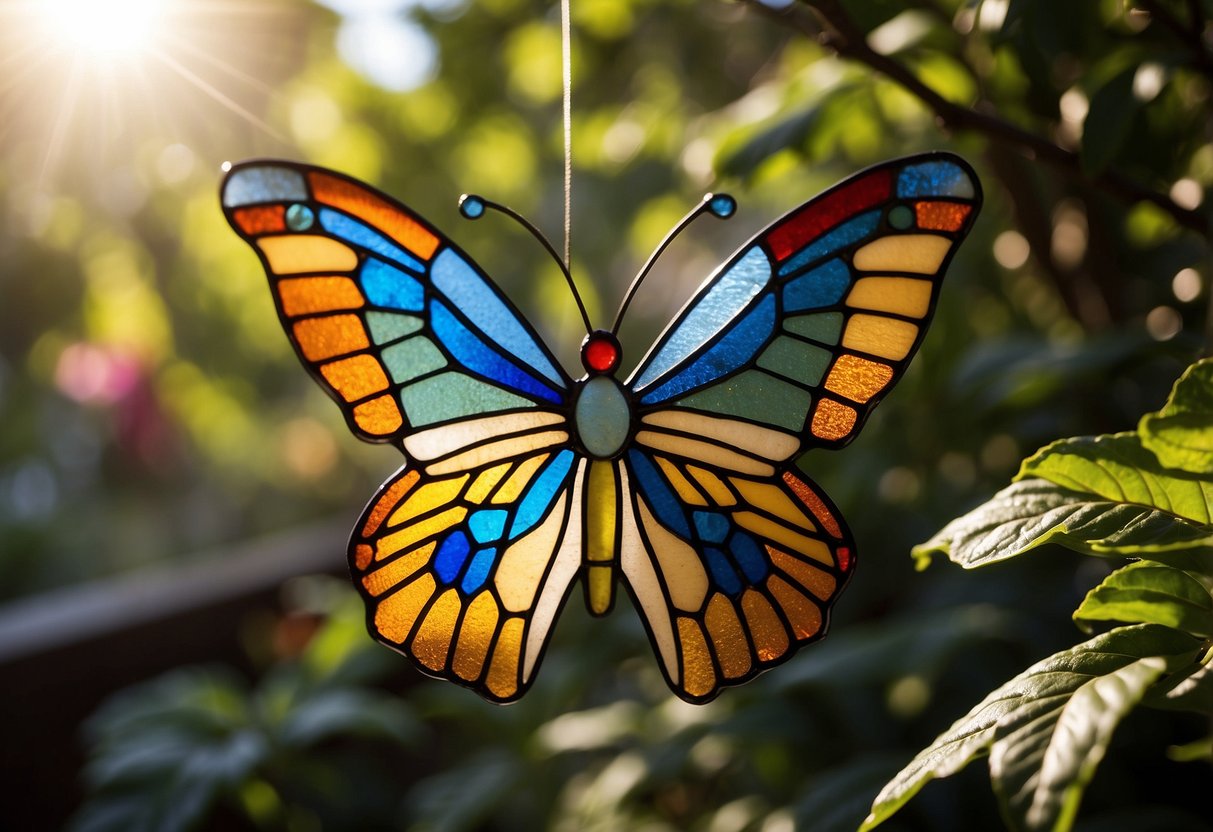 A colorful stained glass butterfly garden ornament hangs from a tree, catching the sunlight and casting vibrant patterns on the surrounding plants