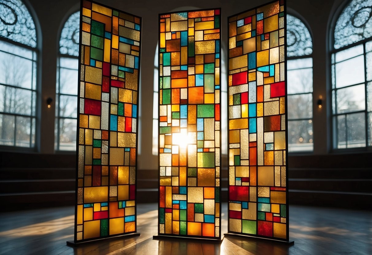 A colorful stained glass room divider stands in a sunlit room, casting vibrant patterns across the floor and walls