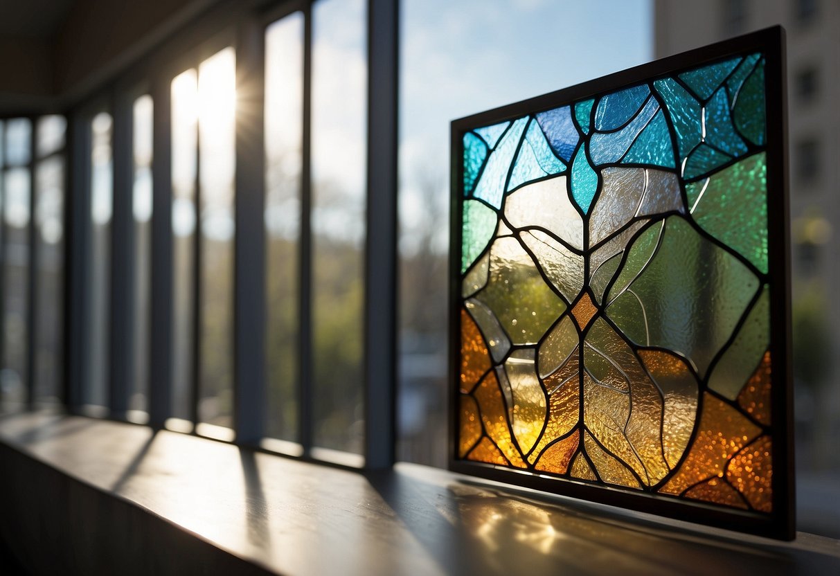 A stained glass picture frame hangs on a sunlit wall, casting colorful reflections across the room