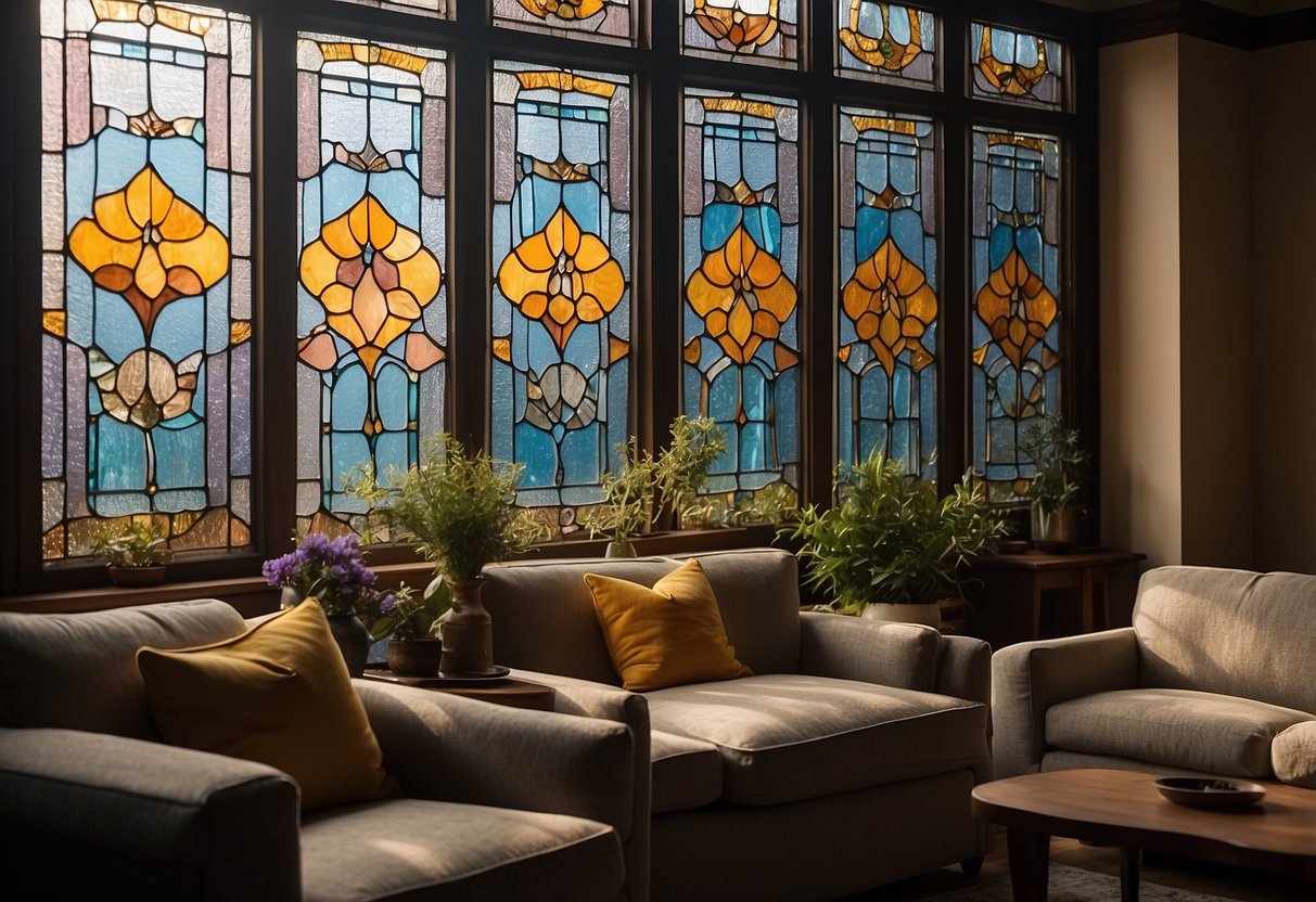 Vibrant stained glass window casting colorful patterns across a cozy living room, creating a warm and inviting atmosphere for home decor