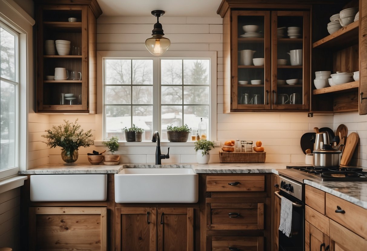 A cozy mobile home kitchen with rustic wooden cabinets, a farmhouse sink, and hanging pendant lights above a marble countertop