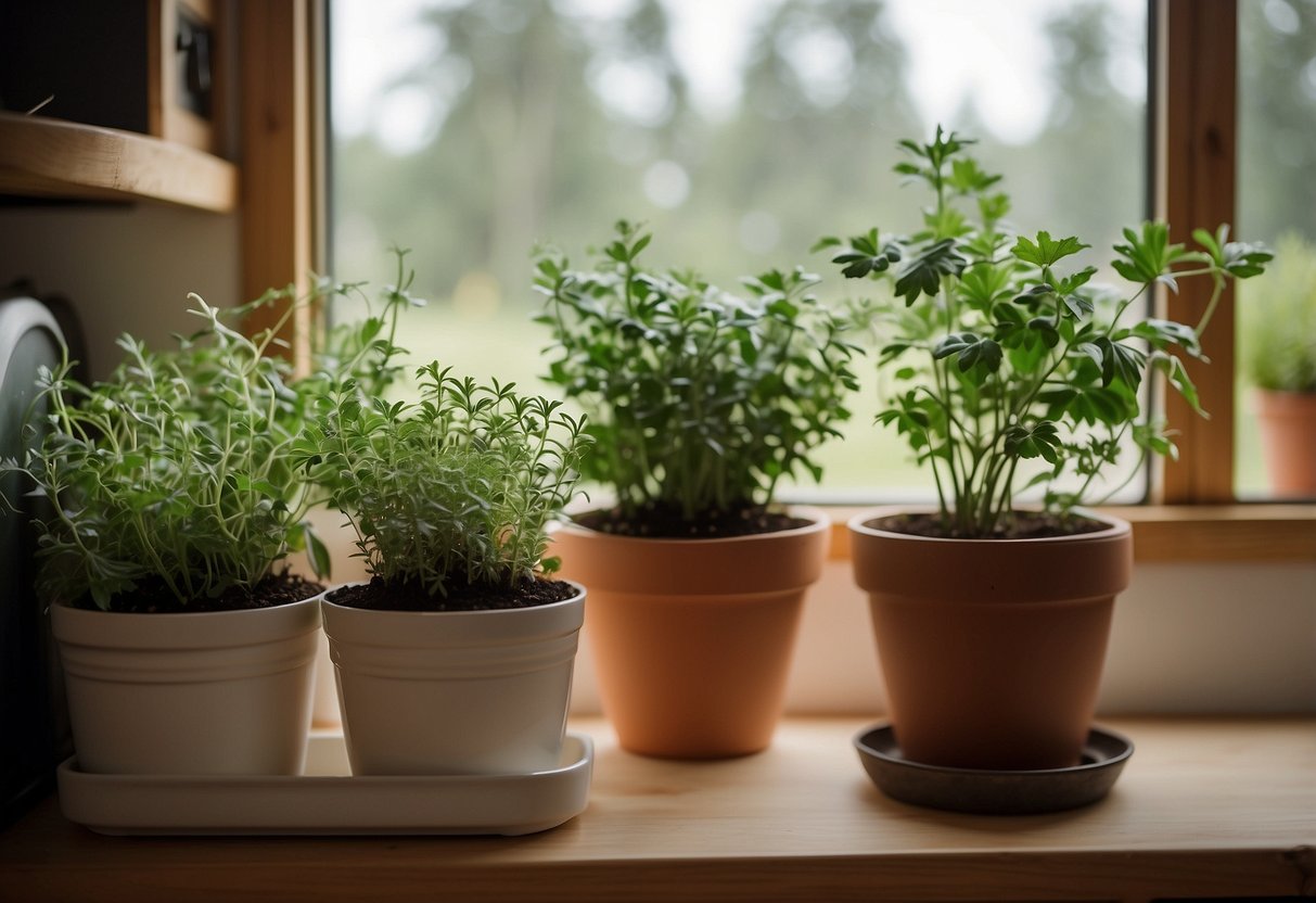 A farmhouse-style potted herb garden sits on the windowsill of a cozy mobile home kitchen, adding a touch of rustic charm to the decor